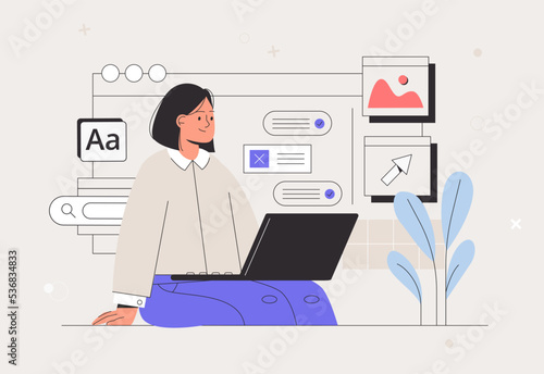 Business woman, smm manager, programmer, sit on infographic and work on laptop. Freelancer working on web and application development on computers. Software developers. Flat style vector illustration.