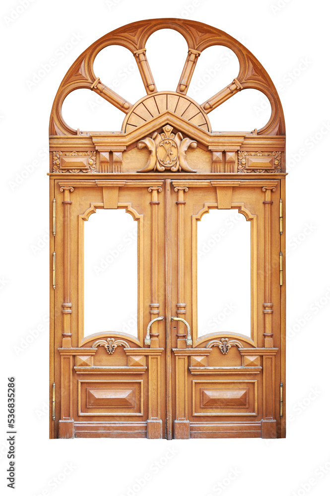 ornate wooden door with beautiful carvings isolated on white background