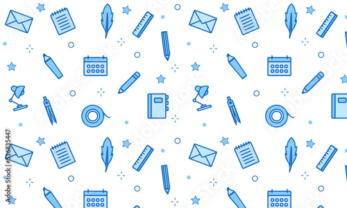 Stationery background, school tools seamless pattern. Art education wallpaper with line icons of pencil, pen, paintbrush, palette, easel. Painter supplies vector illustration blue white color