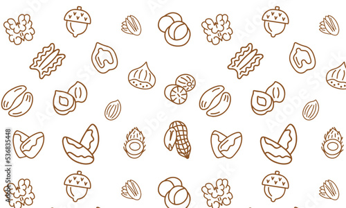 Nut seamless pattern with flat line icons. Vector background of dry nuts and seeds - almond, cashew, peanut, walnut, pistachio. Food texture for grocery shop, brown white color 