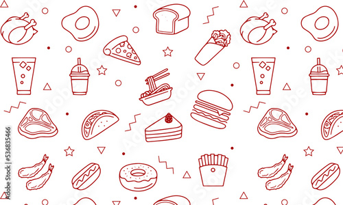 Fast food seamless pattern with vector line icons of hamburger, pizza, hot dog, beverage, cheeseburger. Restaurant menu background, tasty unhealthy lunch