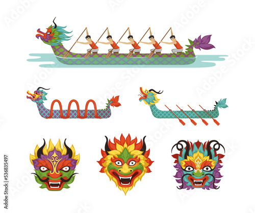 Dragon Boat Festival with Participants Taking Part in Racing Using Paddle and Mask Vector Set