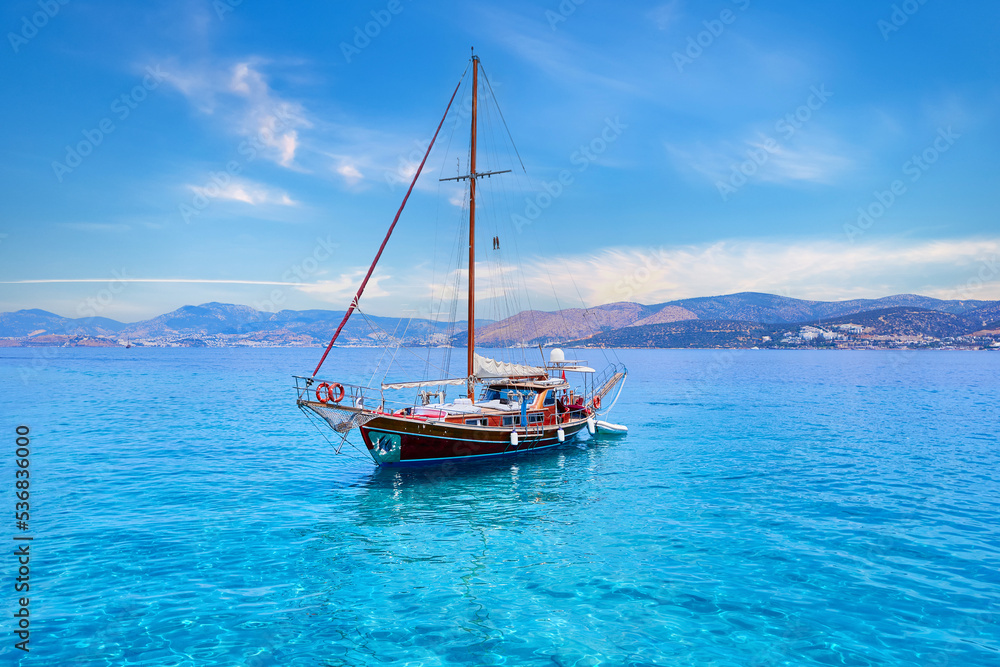 Seascape of boat in turquoise water