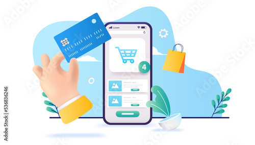 Web shop on mobile phone - Shopping on online store with credit card. Vector illustration with white background