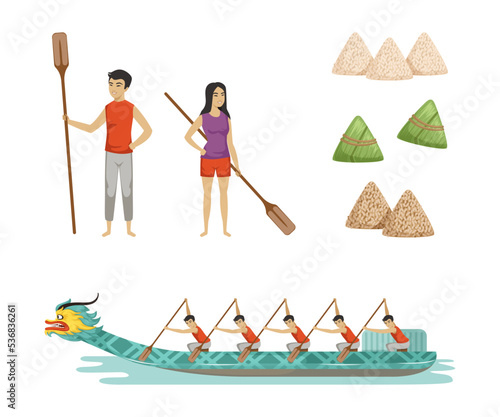 Dragon Boat Festival with Participants Taking Part in Racing Using Paddle and Rice Dumpling Vector Set