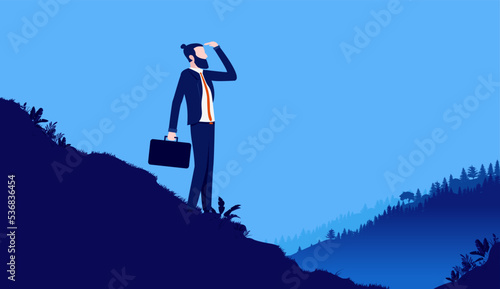 Businessman searching for opportunities - Person standing outdoors scouting on hill looking for the next career move. Vector illustration