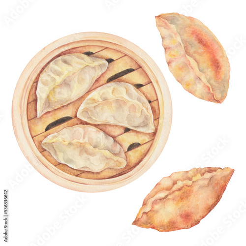 Watercolor illustration of Mandu Korean Dumplings. Authentic steamed dumplings in Bamboo Steamer, pan fried Korean-style dumplings isolated. Korean street food. Traditional asian food
