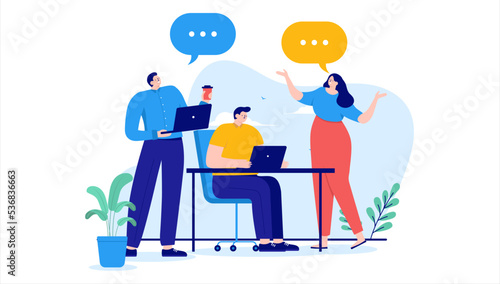 Office talk - People talking and having conversation at work  smiling and enjoying chit chat. Flat design vector illustration with white background