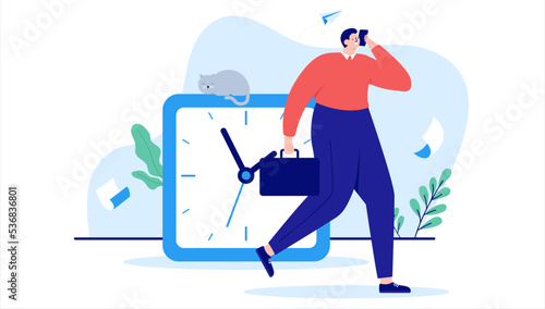 Busy man - Businessman in a hurry talking on phone walking with clock showing time. Flat design vector illustration with white background