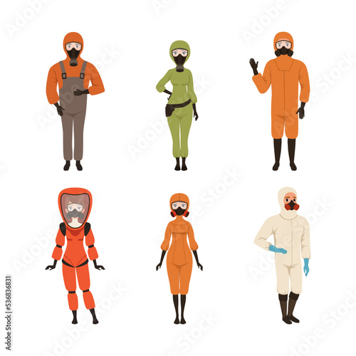Man and Woman Wearing Protective Uniform with Breathing Gas Mask Vector Set © topvectors
