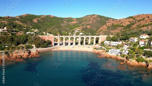 Aerial flight over Viaduc d'Anthéor and the Massif de L'Esterel on the coast of Mediterranean Sea between Cannes and Saint Raphael. Provence-Alpes-Côte d'Azur region in the south of France. photo
