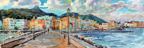 Watercolor painting of the seaside town. Ischia Italy. Wide web banner.