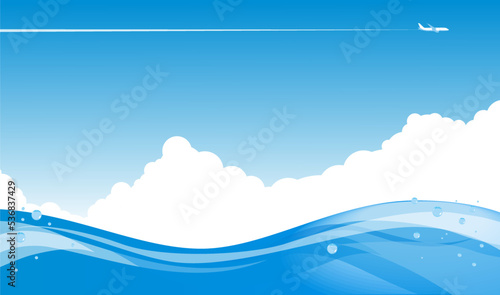Sea wave with white clouds in blue sky above it. Summer marine landscape. Vector