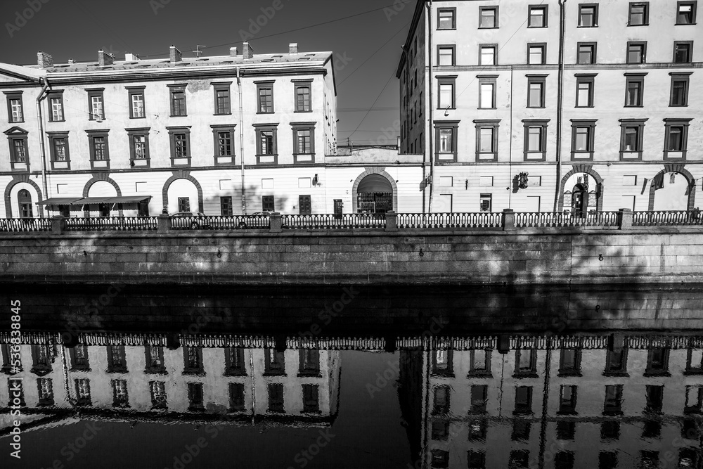 View of the Griboedov Canal in St. Petersburg, Russia. Black and white photo.