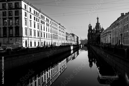 Griboedov Canal in St. Petersburg, Russia. Black and white photo.