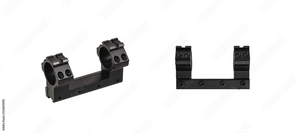 Quick disconnect mount made for holding a scope on a rifle isolated on white back. Quick Release Sniper Cantilever Scope Mount. Quick disconnect mount made for holding a scope on a rifle isolated on white back. Quick Release Sniper Cantilever Scope Mount.