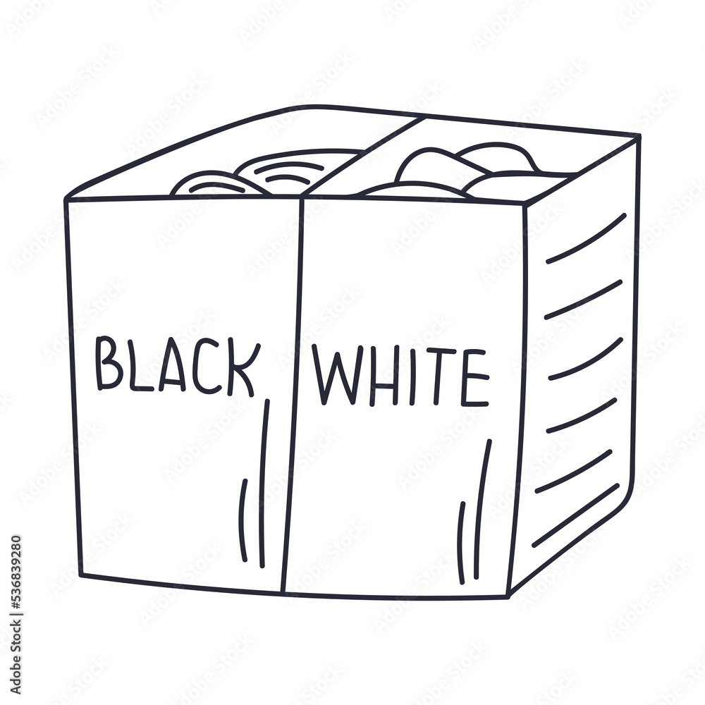 Basket with dirty laundry. Pile of clean folded clothes. Laundry for washing. Vector isolated illustration in hand drawn doodle style. Basket with dirty laundry. Pile of clean folded clothes. Laundry for washing. Vector isolated illustration in hand drawn doodle style.