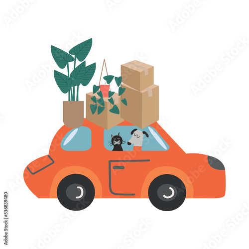 Vector illustration Relocation to new home. Moving to new house. Package for transportation. Paper cardboard boxes with various household thing. Suitcases. Van. Robot. Delivery company services