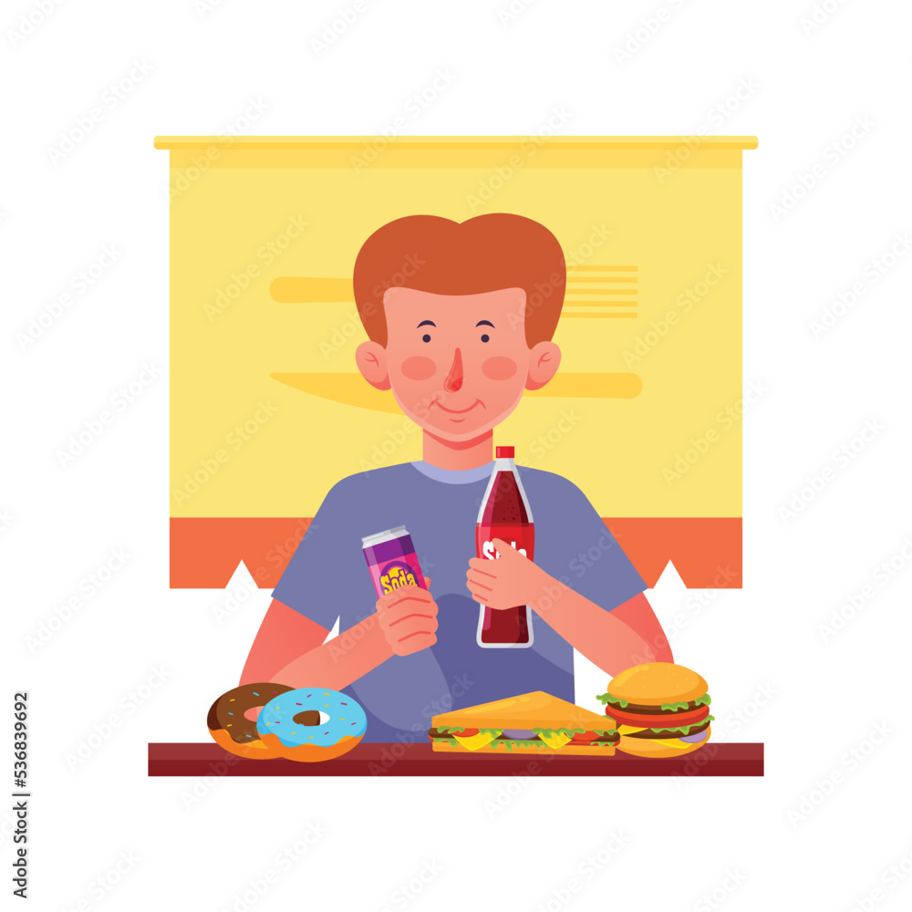 Boy eating junkfood illustration, drinking soda Boy eating junkfood illustration, drinking soda