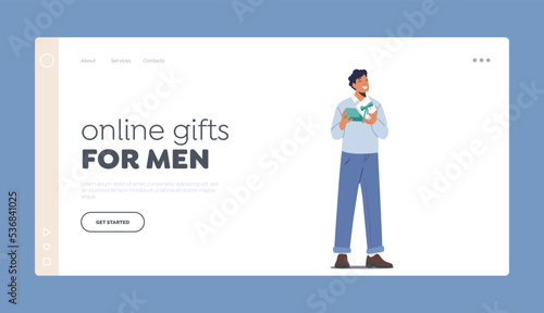 Online Gifts for Men Landing Page Template. Happy Man Open Gift Box with Present inside. Cheerful Smiling Male Character