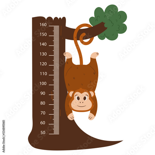 Kids Height Meter With Funny Monkey Hang On Tree. Cartoon Centimeter Scale With Funny Ape Animal, Growth Chart, Ruler