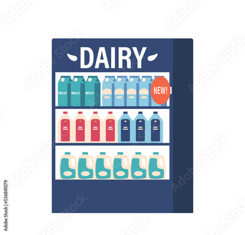 Dairy Production Stall With Different Packages On Refrigerator Shelves Isolated On White Background. Supermarket Grocery