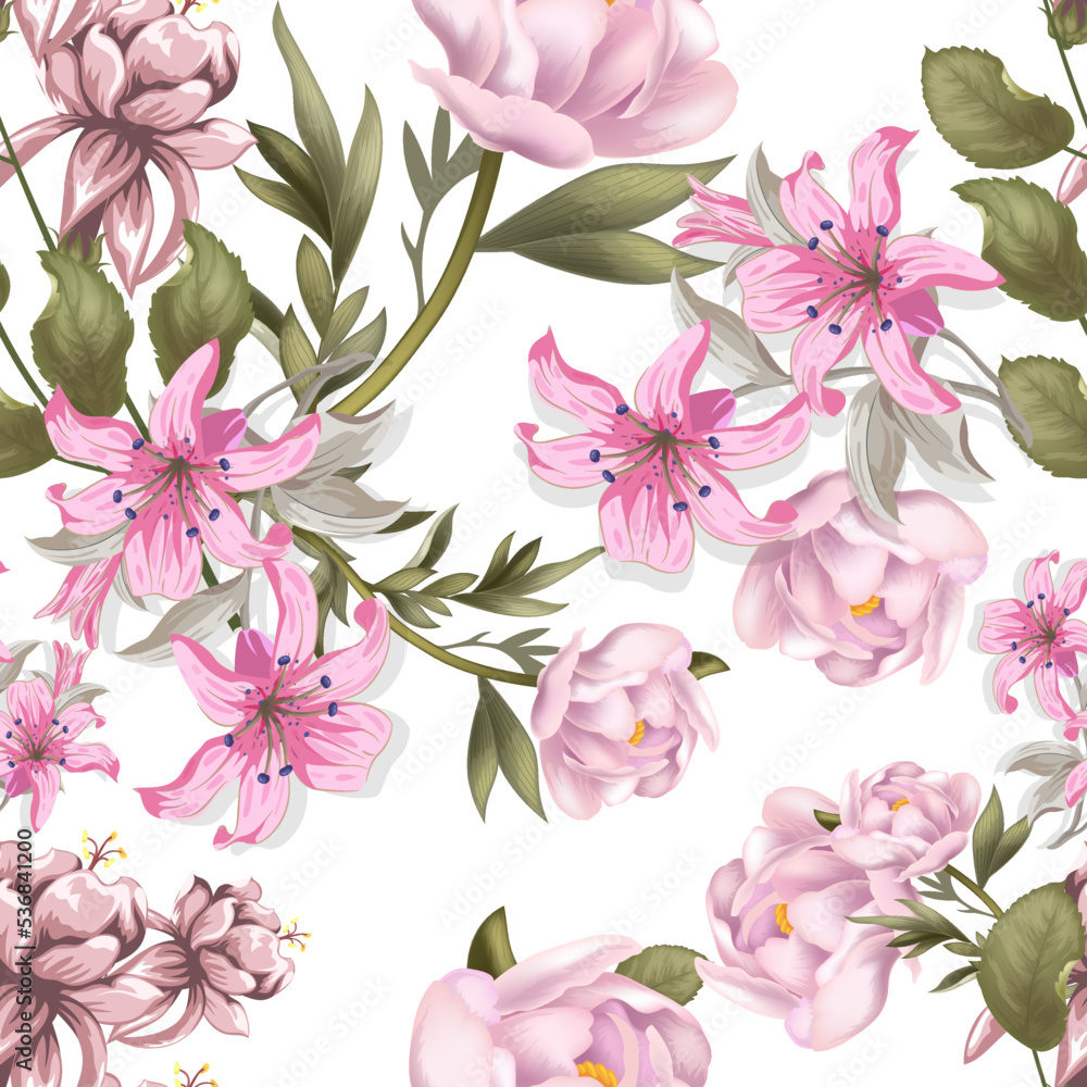 Full seamless pink lilium floral pattern background for fabric print. Lilies illustration. Lily flowers leaves vector design for women dress and textile. Full seamless pink lilium floral pattern background for fabric print. Lilies illustration. Lily flowers leaves vector design for women dress and textile.