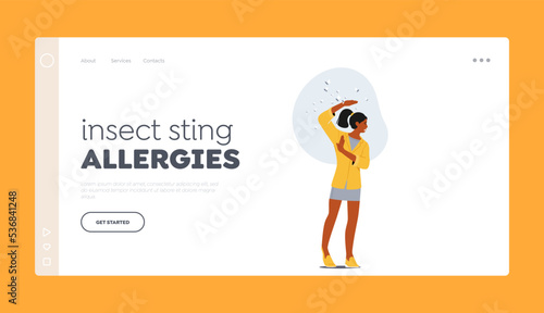 Insect Sting Allergy Landing Page Template. Young Girl Afraid of Bees Allergens And Risk Factors Medical Concept