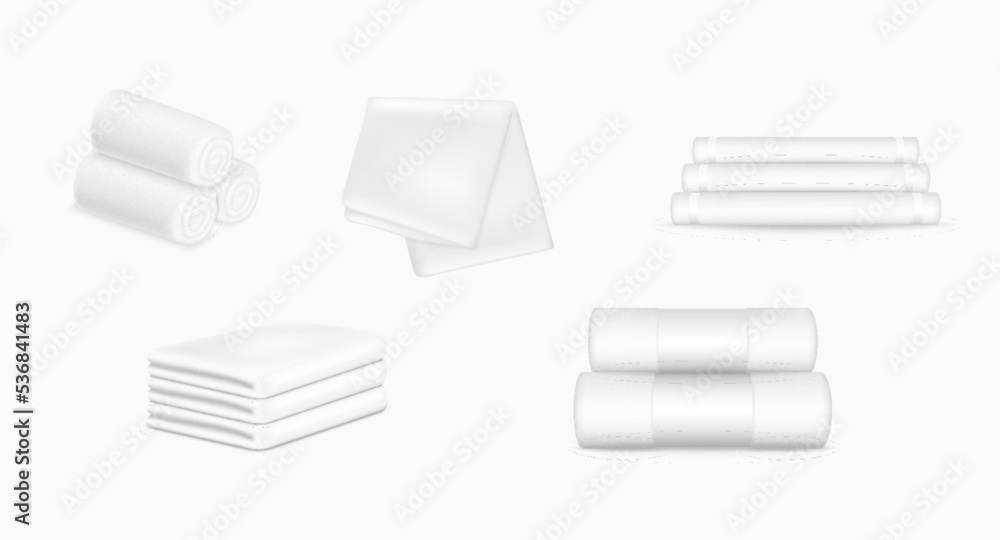 White fabric towel for bathroom, shower, kitchen or beach. Realistic set of clean fluffy cloth towel White fabric towel for bathroom, shower, kitchen or beach. Realistic set of clean fluffy cloth towel