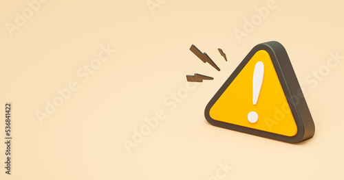 Yellow 3d triangle warning symbol icon  yellow background. Error alert safety concept.  Hazard warning attention sign. 3d rendering illustration with empty space.