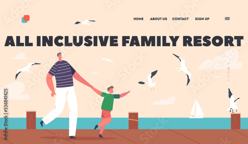 All Inclusive Family Resort Landing Page Template. Young Father and Son Walk along Wooden Pier or Embankment