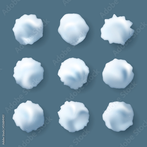 Snowballs set. Snowballs, snowdrift. New year winter ice element. Realistic snow caps isolated