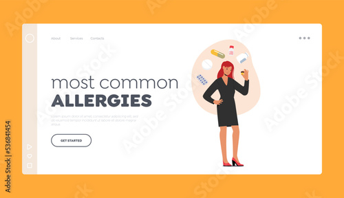 Most Common Allergies Landing Page Template. Female Character with Allergy Reaction on Medicines Apply Antihistamines