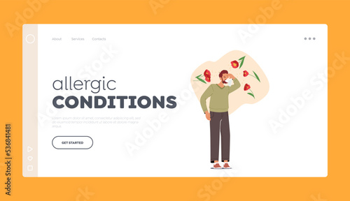 Allergic Conditions Landing Page Template. Seasonal Allergy Disease, Male Character Blows his Nose Into Handkerchief