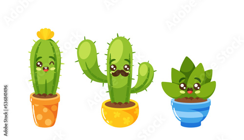 Cute Cacti In Flowerpots, Cactus With Flowers, Mustaches And Kawaii Faces. Cute Succulent Plants Characters Collection