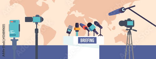 Press Conference Studio Interior, Empty Room With Tribune, Microphones and Cameras on World Map Background