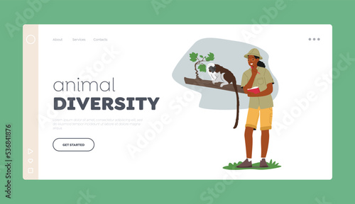 Animal Diversity Landing Page Template. Zoo Activist Character Learn Wildlife. Zoologist Study Monkey In Natural Habitat