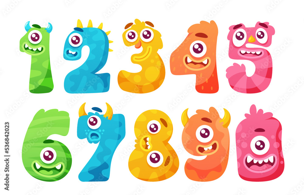 Fototapeta premium Cute Monster Numbers One, Two, Three, Four, Five, Six, Seven, Eight, Nine And Zero. Funny Kid Decorative Digit Elements