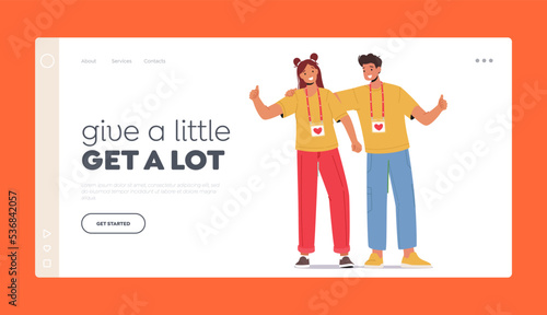 Happy Volunteers Team Landing Page Template. Characters From Social Charity Service Stand Together. Joyful Man And Woman