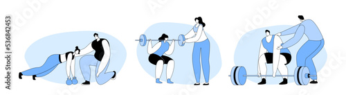Set People Training In Gym With Coach Help. Training, Exercises, Sport, Healthy Life. Characters Workout With Weight