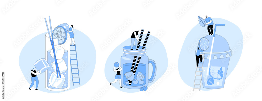 Tiny People Put Mint Leaf, Ice Cube or Lemon Slice to Huge Glass with Juice and Straws. Characters Drinking Cold Drinks