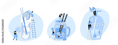 Tiny People Put Mint Leaf, Ice Cube or Lemon Slice to Huge Glass with Juice and Straws. Characters Drinking Cold Drinks