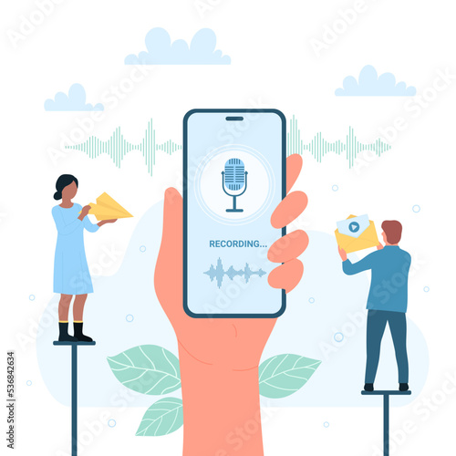 Audio record and voicemail mobile app in phone vector illustration. Cartoon hand holding smartphone with microphone on screen to record voice message, tiny people send mail and SMS with sound