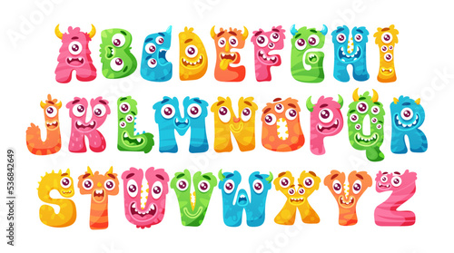 Monster Abc, Funny Halloween Kids Decorative Type Set, Cute Hairy Letters With Face Emotions, Colorful Childish Font