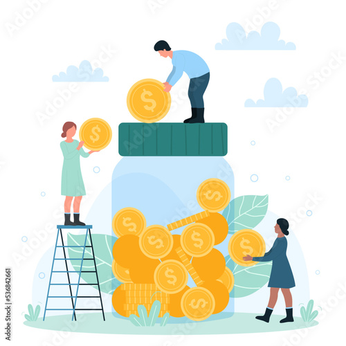Money saving and investing, donation vector illustration. Cartoon tiny people throw cash dollar coins into glass jar to invest or donate, save money in deposit moneybox for future retirement