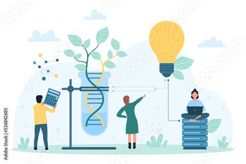 Innovation and science research in agriculture vector illustration. Cartoon tiny scientists grow plant in laboratory vial, using biotechnology and smart scientific experiment to boost bio cells growth