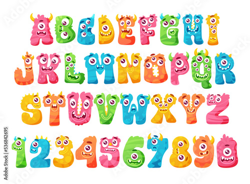 Halloween Monster Abc, Funny Kids Decorative Lettering. Cute Letters And Numbers With Emotions, Fairy Tale Type Set