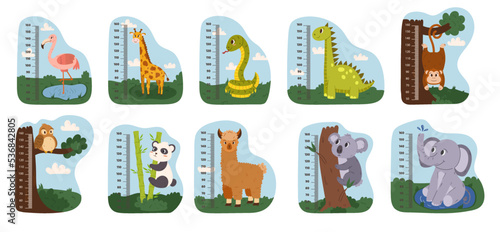Set Kids Height Charts with Animals. Vector Growth Meter with Cartoon Flamingo, Giraffe, Snake and Dino. Monkey, Owl