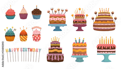 Set of Birthday Cakes, Candles, Festive Cupcakes, Holiday Collection for Party or Anniversary Celebration, Bakery
