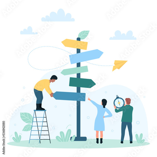 Business decision, options for right choice vector illustration. Cartoon tiny people near road sign with arrows choose path on crossroads, direction of development and career, holding compass